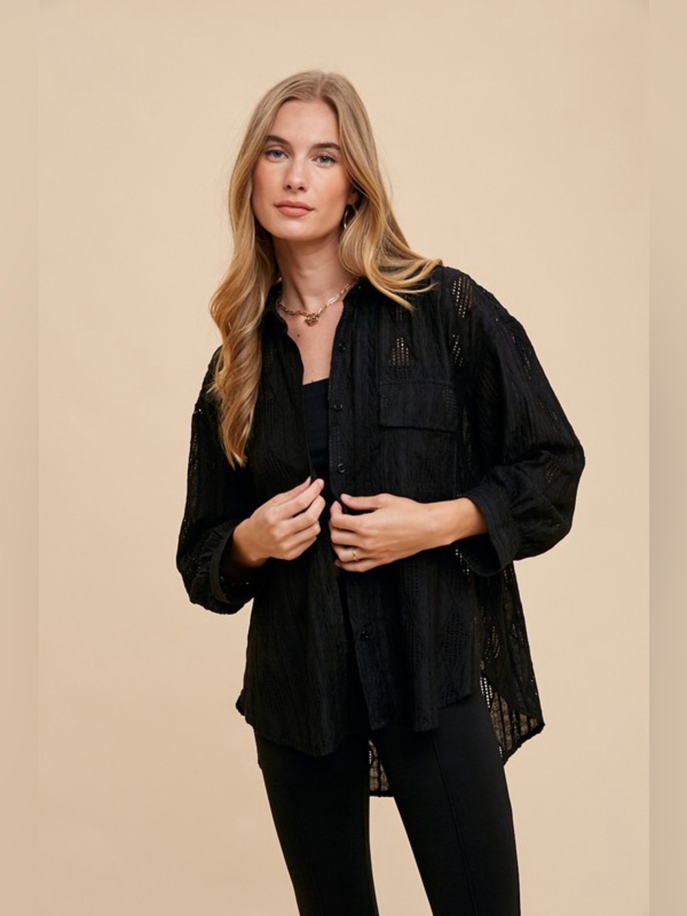 Annie Wear Openwork Button Down Drop Shoulder Shirt